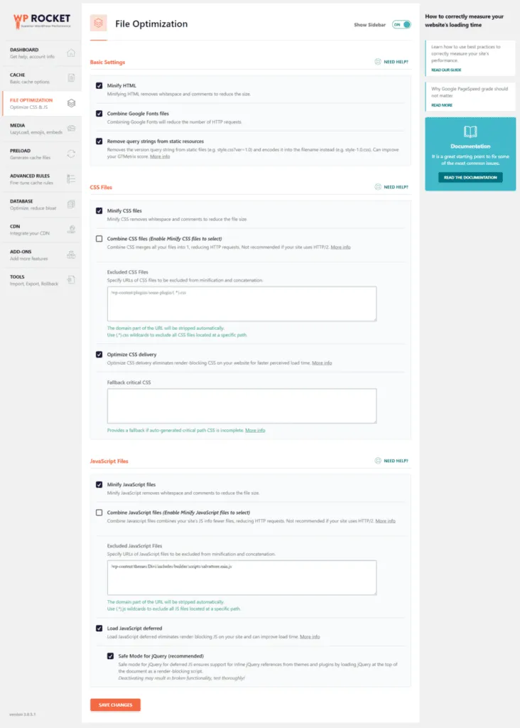WP Rocket File Optimsation for Divi