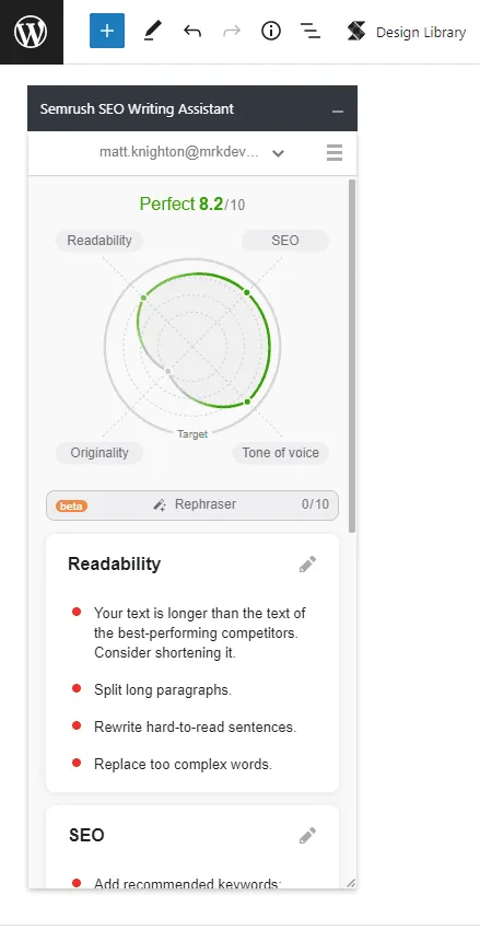 The Semrush writing assistant in Gutenberg