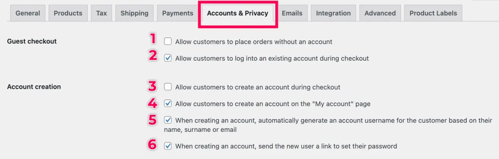 Account and Provacy settings to prevent credit card scams in Woocommerce