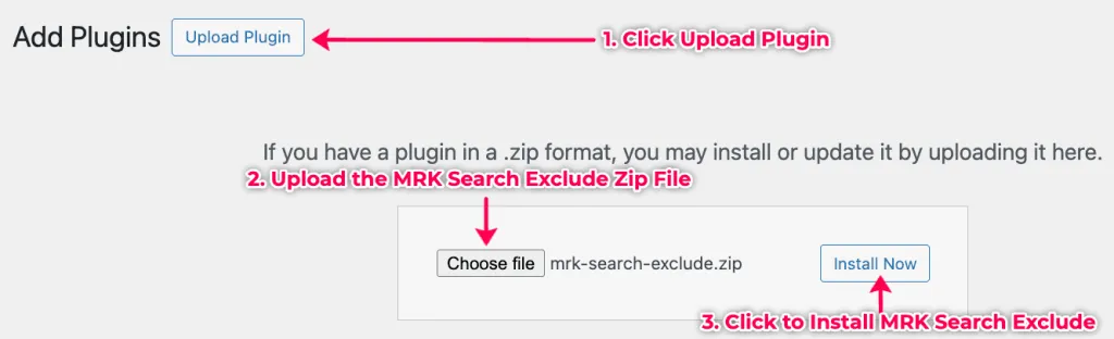 Process on how to add the MRK Search Exclude plugin to your WordPress site