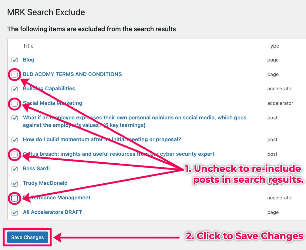 How to adjust search exclude settings for posts