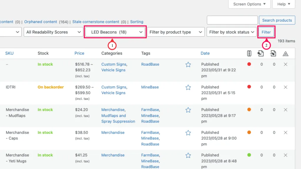 Click the Filter button to apply the product list filter.
