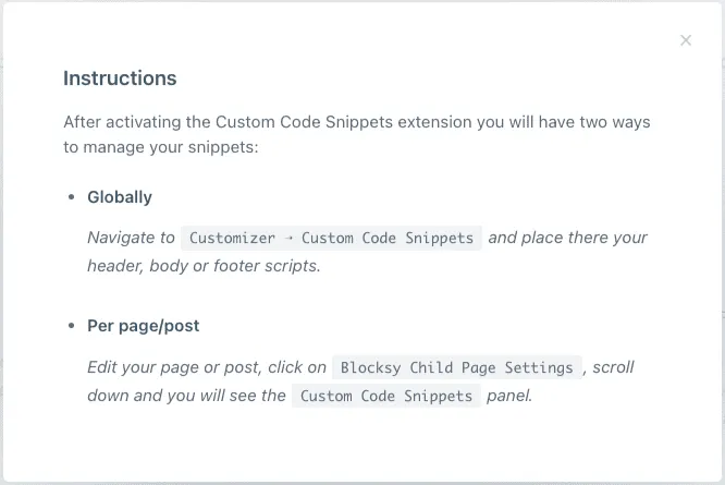 Detailed instructions on how to use custom code snippets in Blocksy