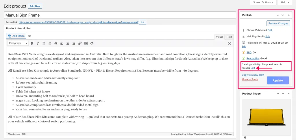 Product catalog visibility settings