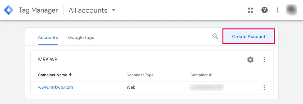 Create Google Tag account button.