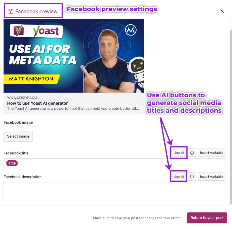 Yoast AI can also create social media titles and descriptions for your content.