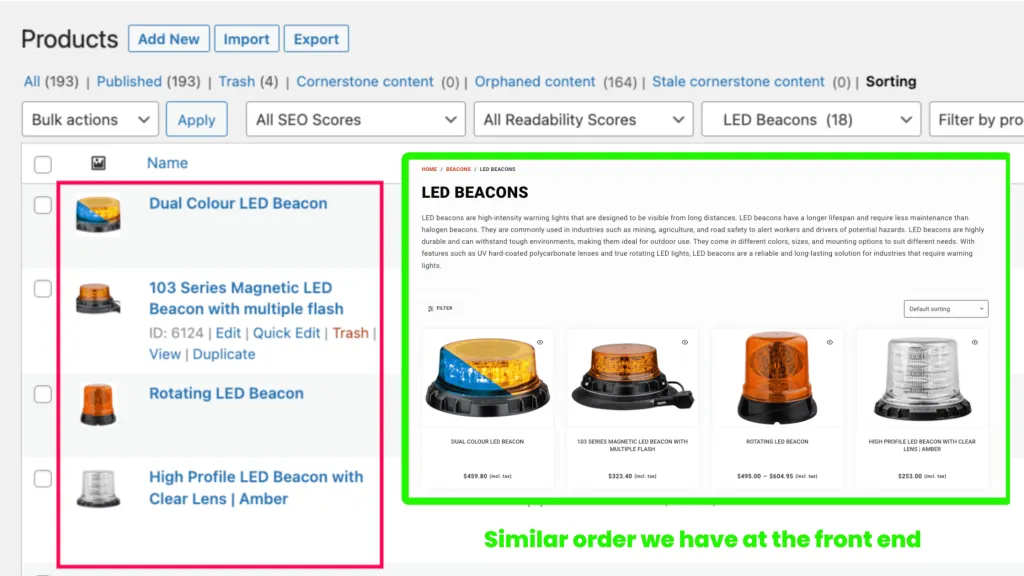 Comparison of the current sort order inside WooCommerce and the Category Page.