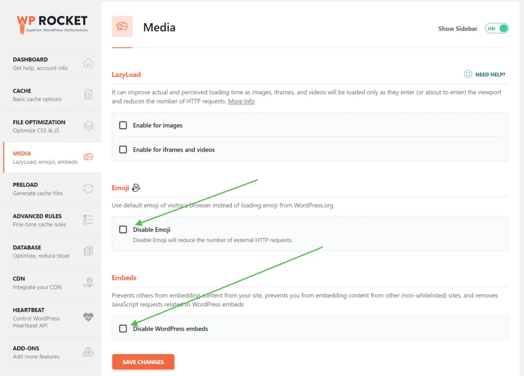 Use these options in WP Rocket to turn of Emojis and Embeds