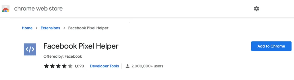 The Facebook Pixel Helper extension page