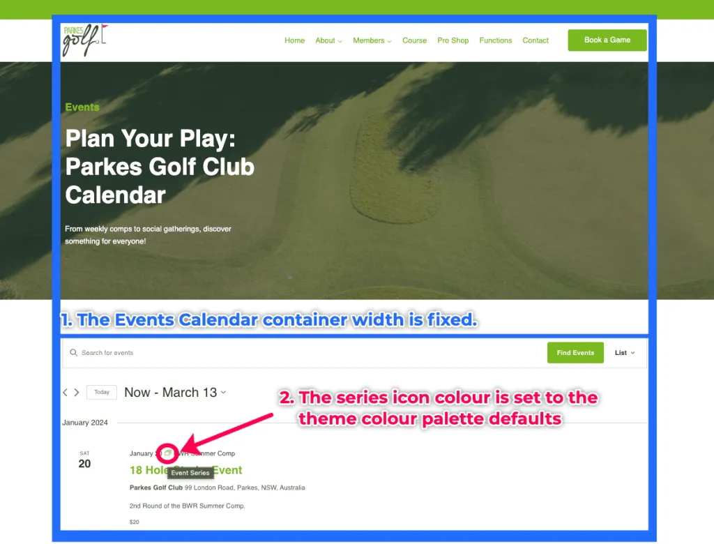 Fixed Events Calendar page width with Kadence
