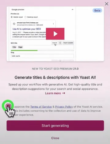Give the Yoast AI tool one time consent to use external tools