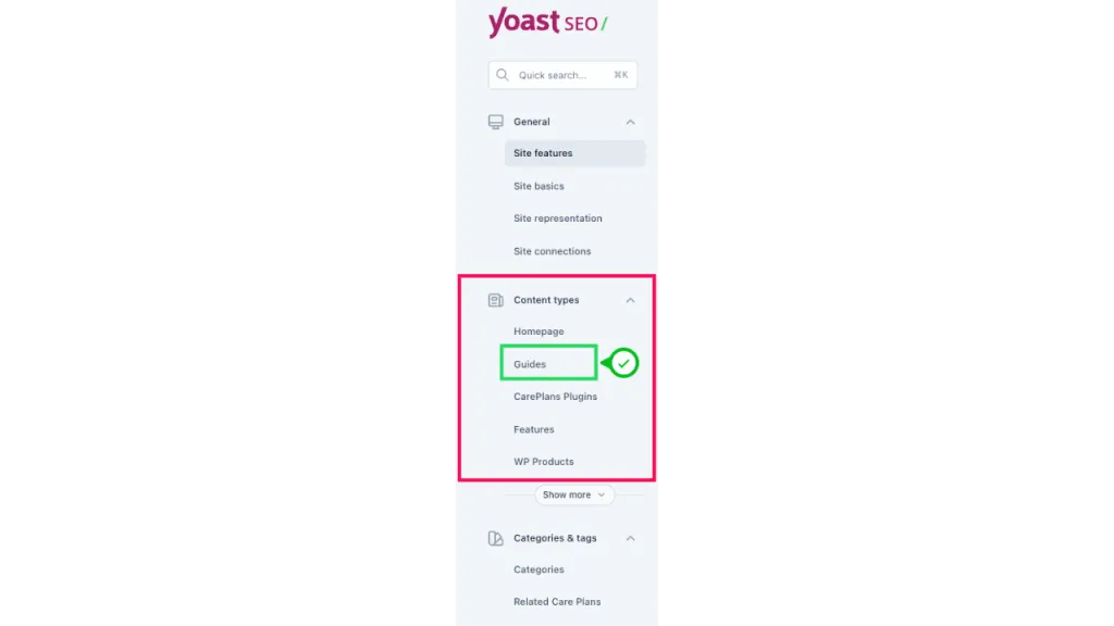 Content Type settings for menu