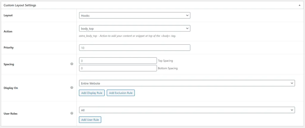 Custom HTML Snippet settings for Custom Layout.