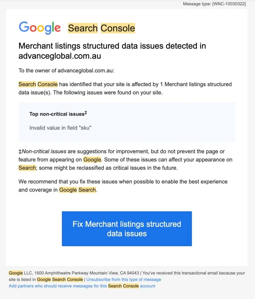 A warning on invalid SKUs in Google Search Console.