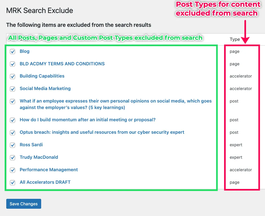 The MRK Search Exclude settings page
