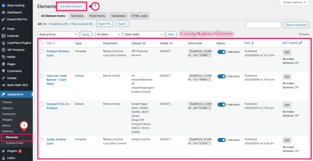 Navigating to Kadence Elements