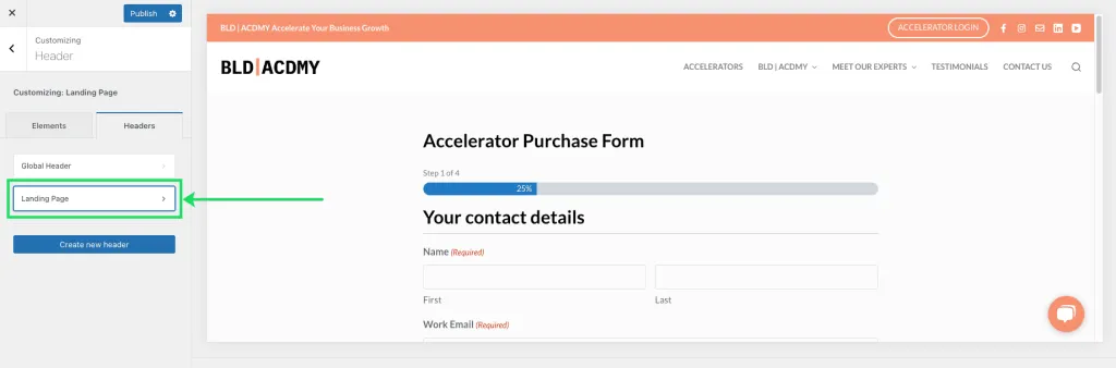 New Blocksy header theme settings.