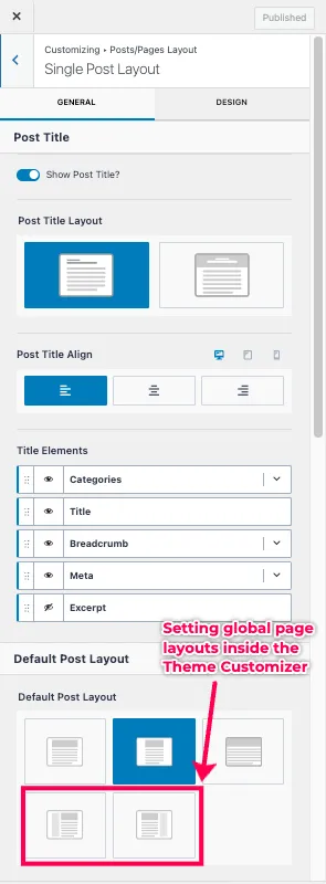 Setting page layout inside the Theme Customizer