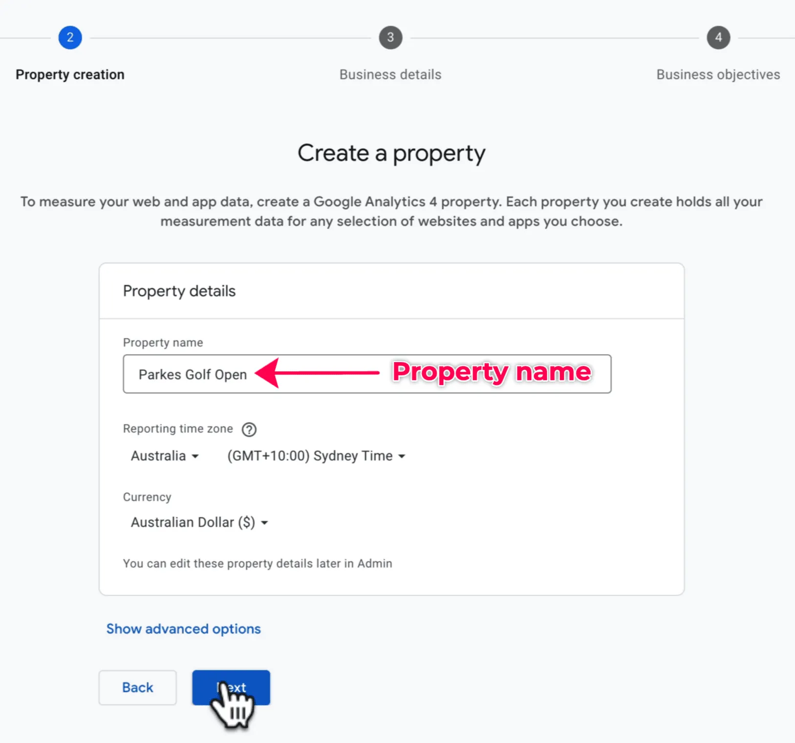 Creating a property in Google Analytics.