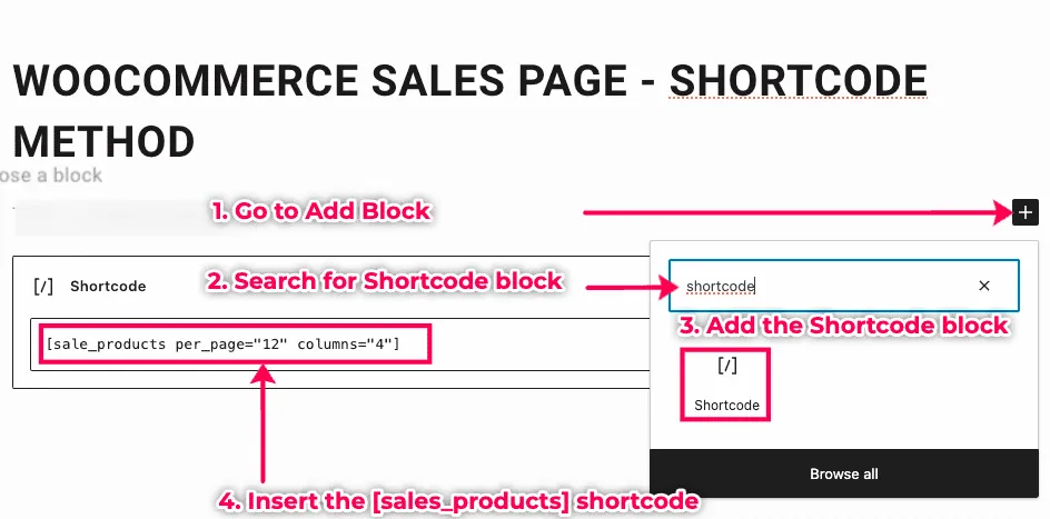 How to add the Sales Products shortcode to a page.