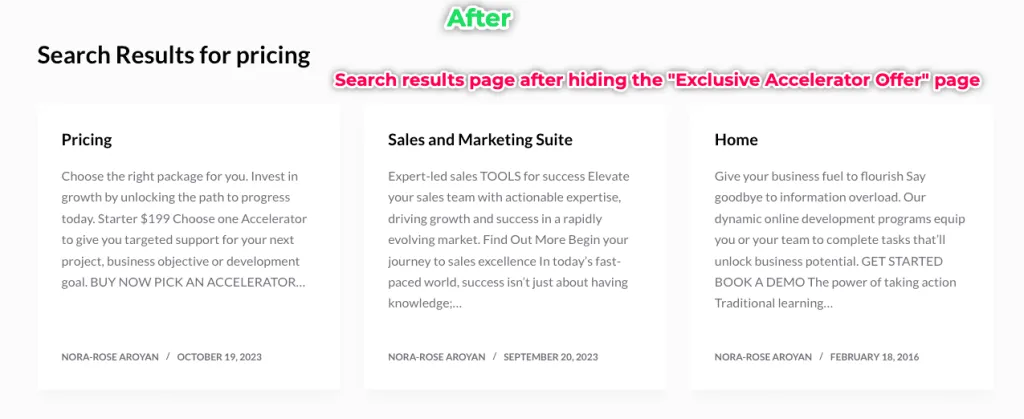 Search results page after hiding content from search.