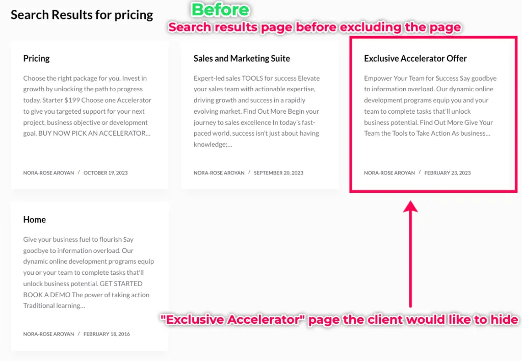 Search results page before hiding content from search