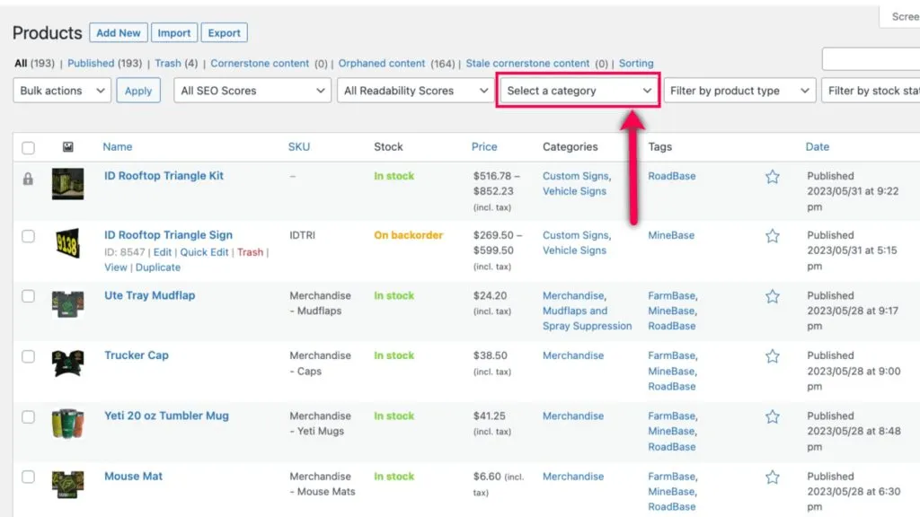 Select product category dropdown filter