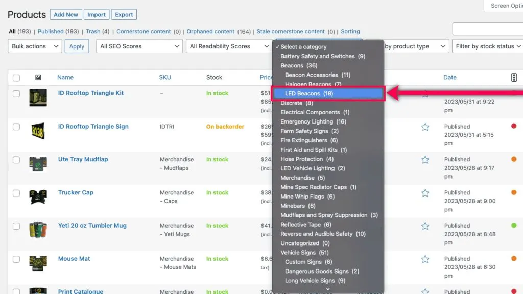 Select a desired product category from the dropdown.