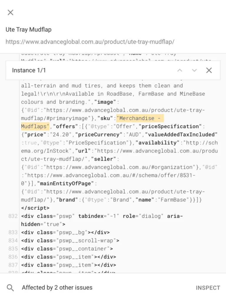 SKU value in product structured data.