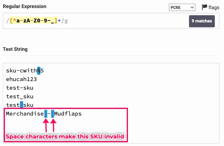 Space characters that make this SKU invalid.