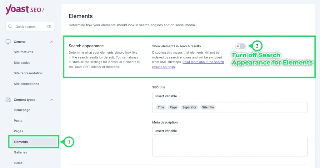How to turn off search appearance settings for content inside Yoast
