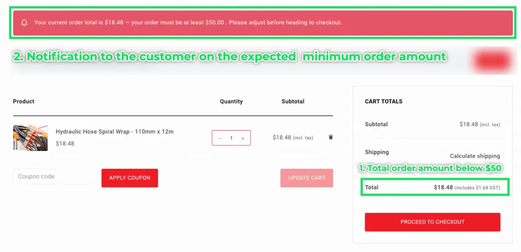 A notification informing the customer to meet the expected lowest limit amount for an order