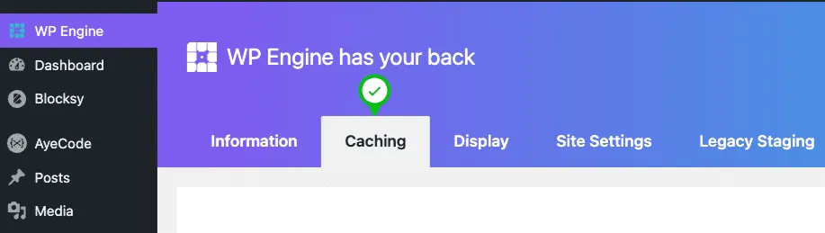 The Caching tab on WP Engine's page inside WordPress Dashboard