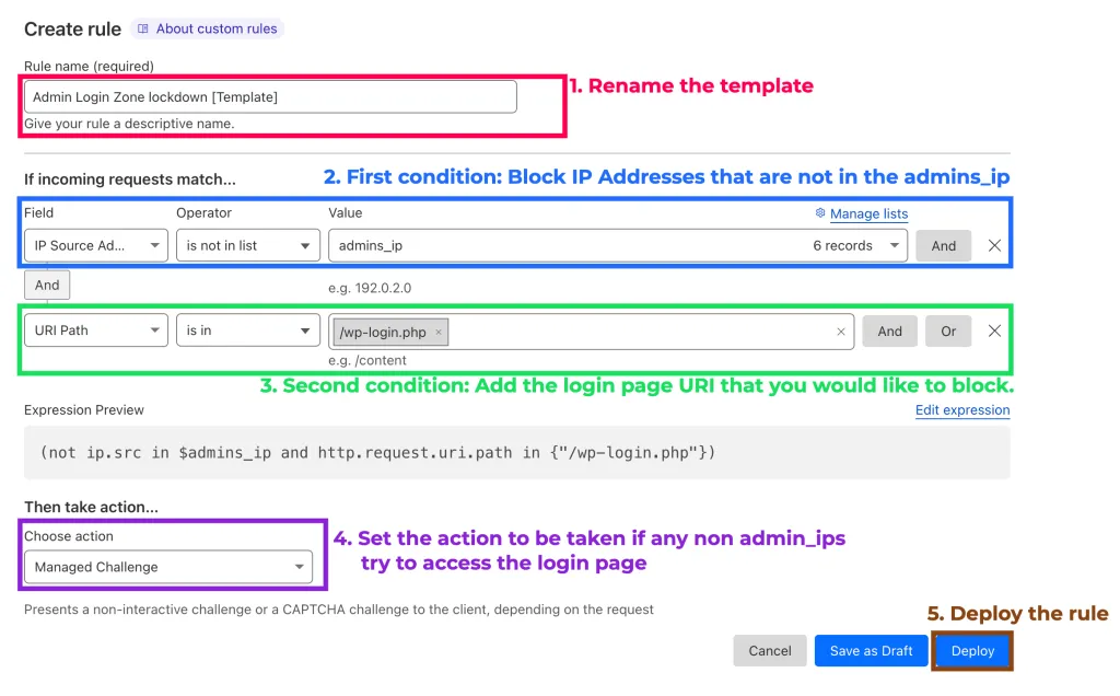 Creating a web rule to lockdown WordPress login with Cloudflare