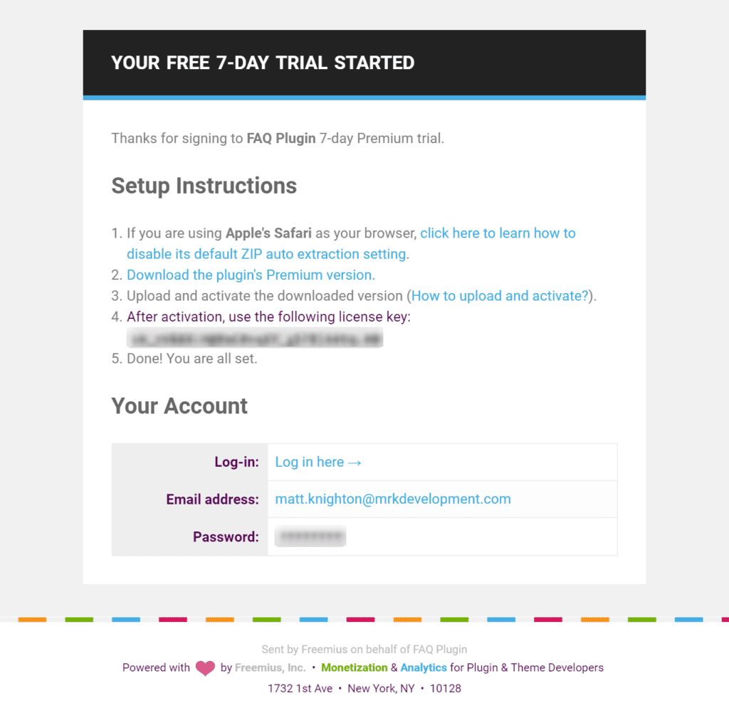 The email you will receive from Freemius with your Login and License Code