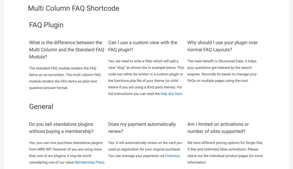 Multi Column FAQ Shortcode