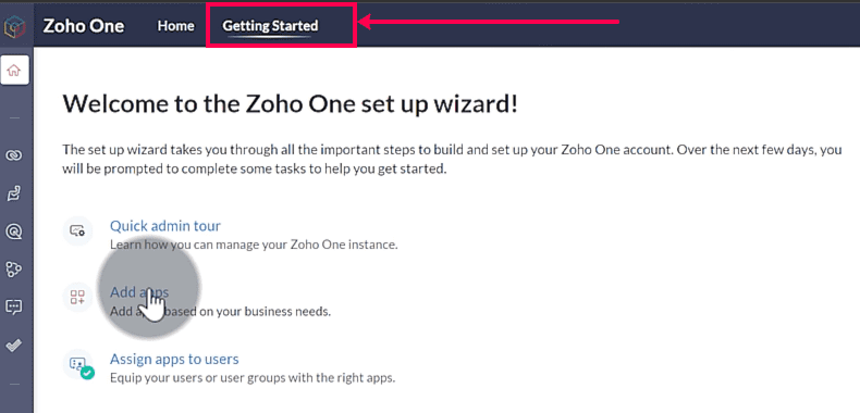 Getting started button in Zoho One New UI