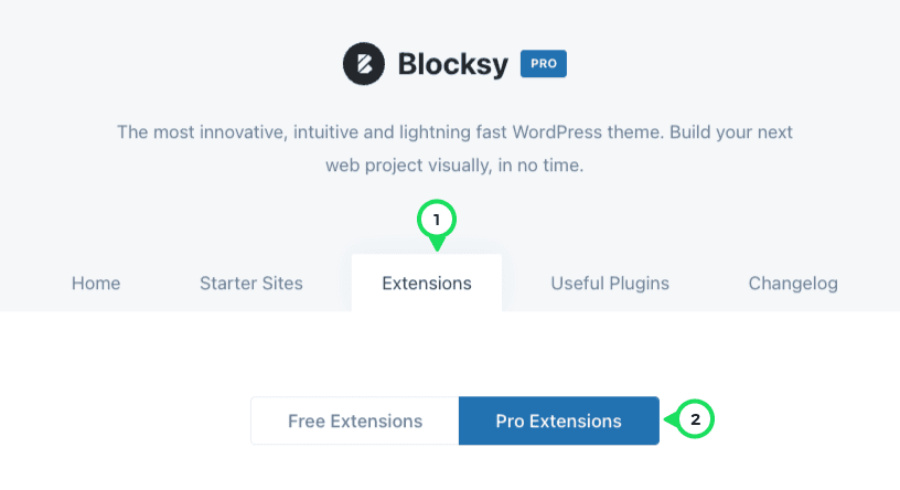 Pro extensions tab on Blocksy Pro page
