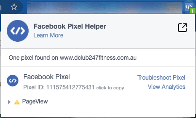 Results from the Facebook Pixel Helper indicating presence of pixel code on a webpage