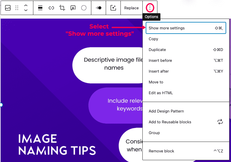 Click on the ellipsis icon to access the "Show more image block settings" option