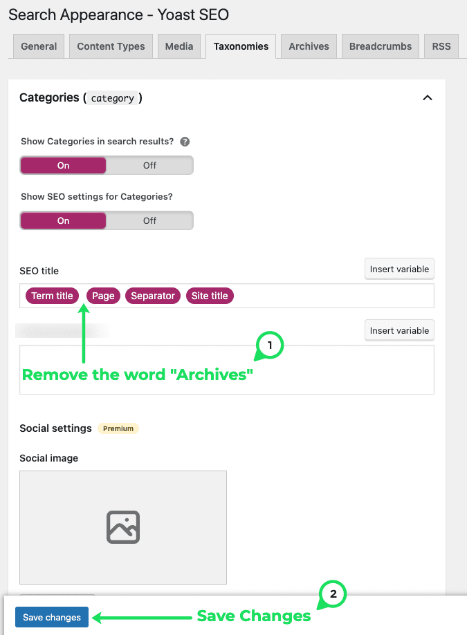 Remove the word archives from the Yoast SEO search appearance settings