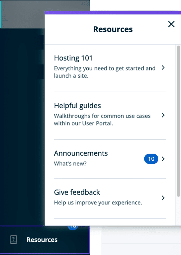 Resources menu item on WP engine user portal