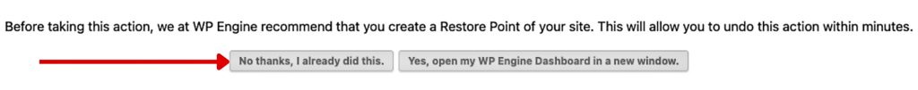 WP Engine's create backup prompt