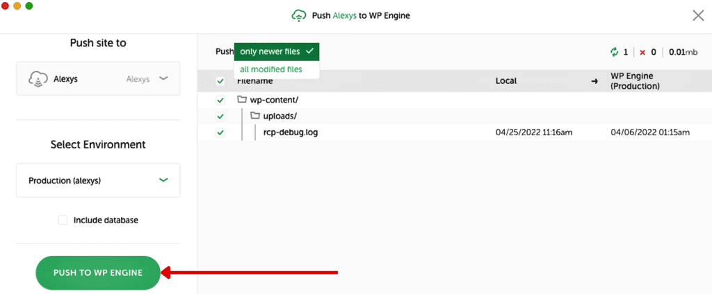 Push to files from WP Local to WP Engine button