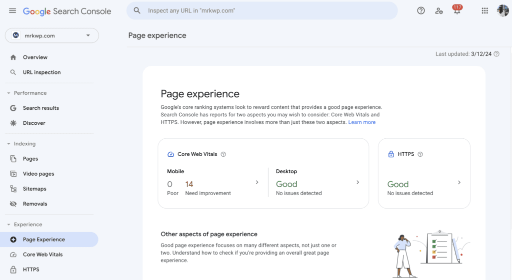 MRK WP Search Google Console Page Experience Report