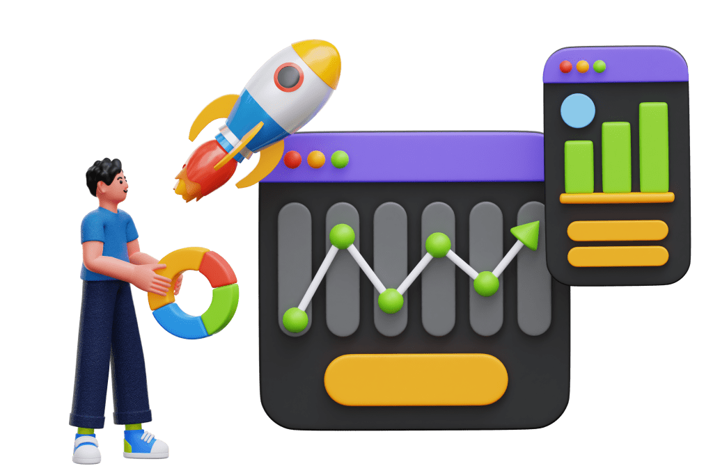 Business Analyst representing system dashboards and reporting with a Rocket showing growth. 3d Illustration.