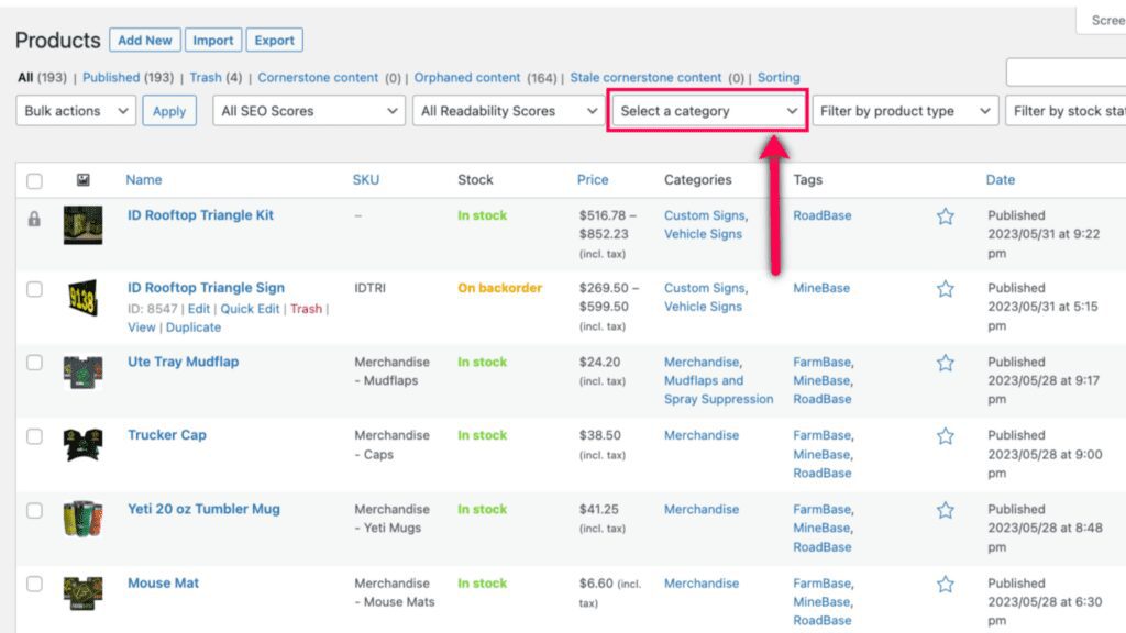 Select product category dropdown filter