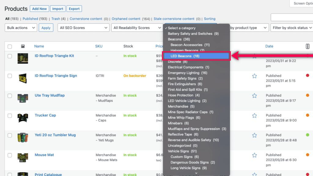 Select a desired product category from the dropdown.