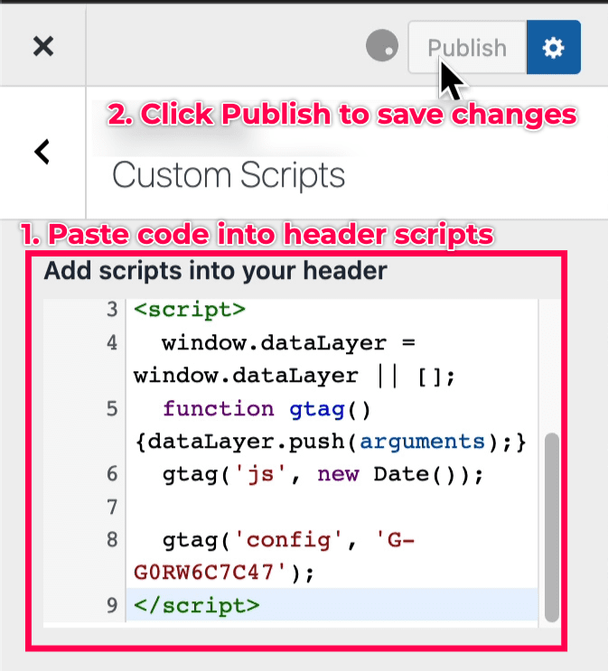 Add Google Analytics code in the Kadence WP header scripts.