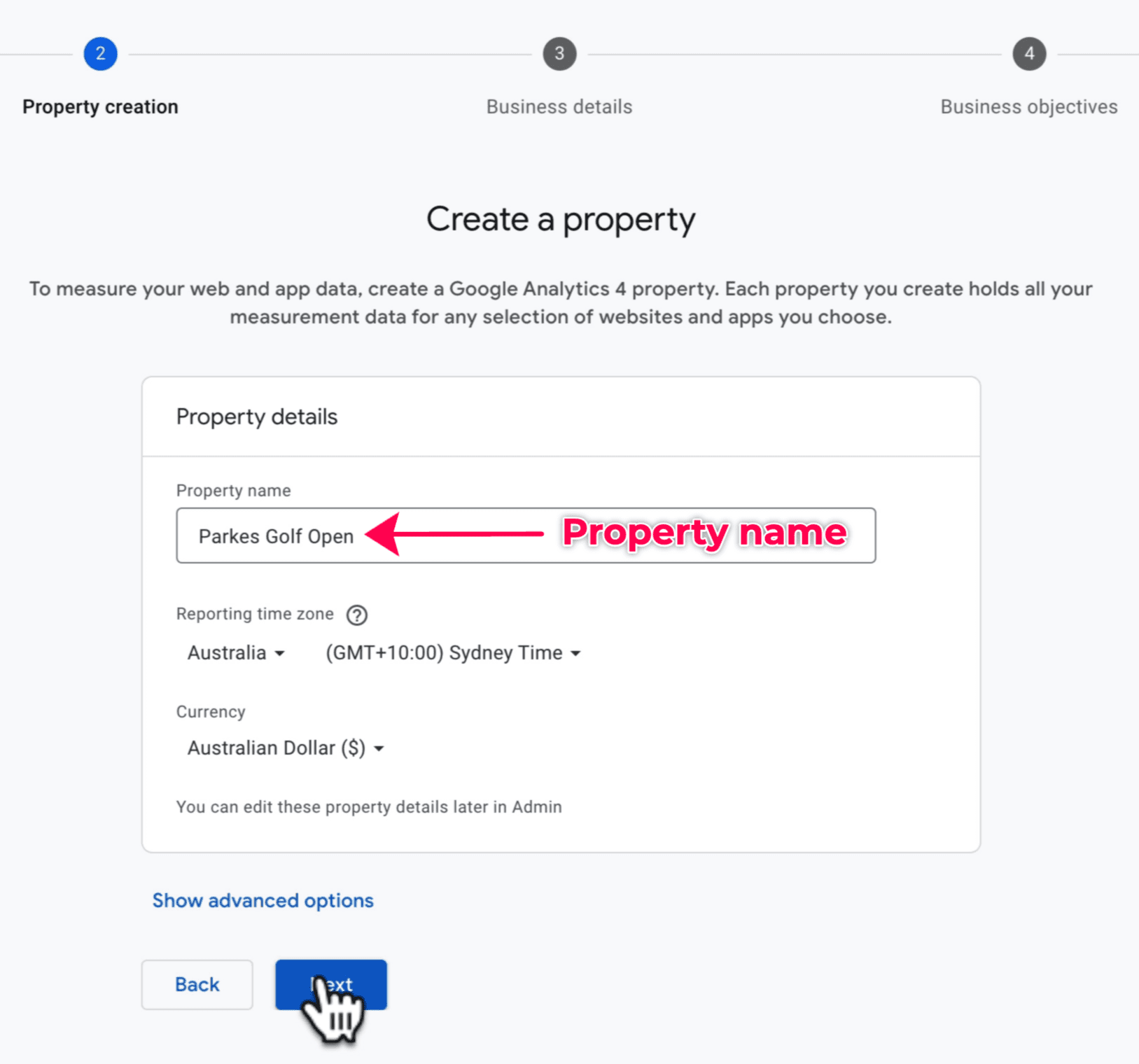 Creating a property in Google Analytics.